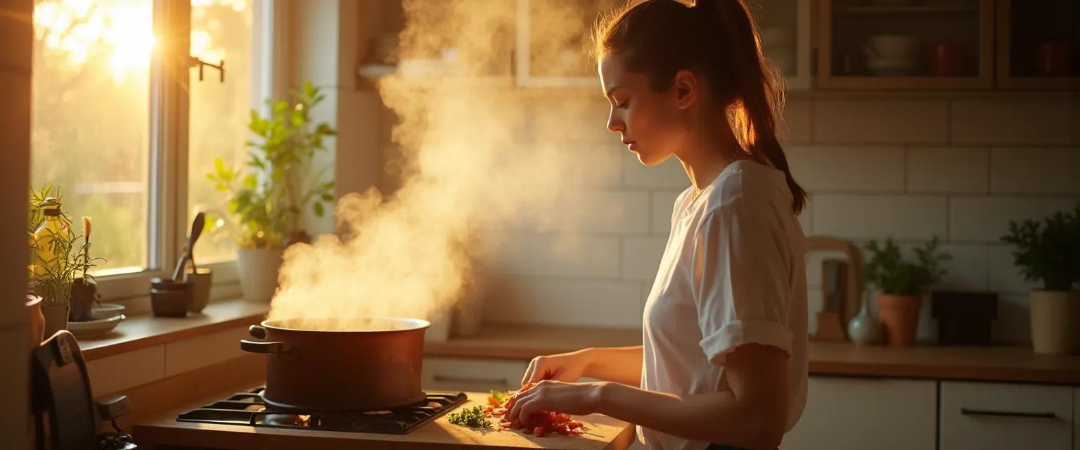 Woman practicing 3 minute mindfulness while cooking dinner in a bright kitchen