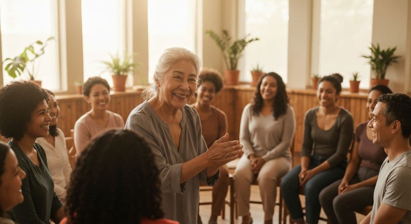 People sitting in supportive grief share group circle during life transition discussion