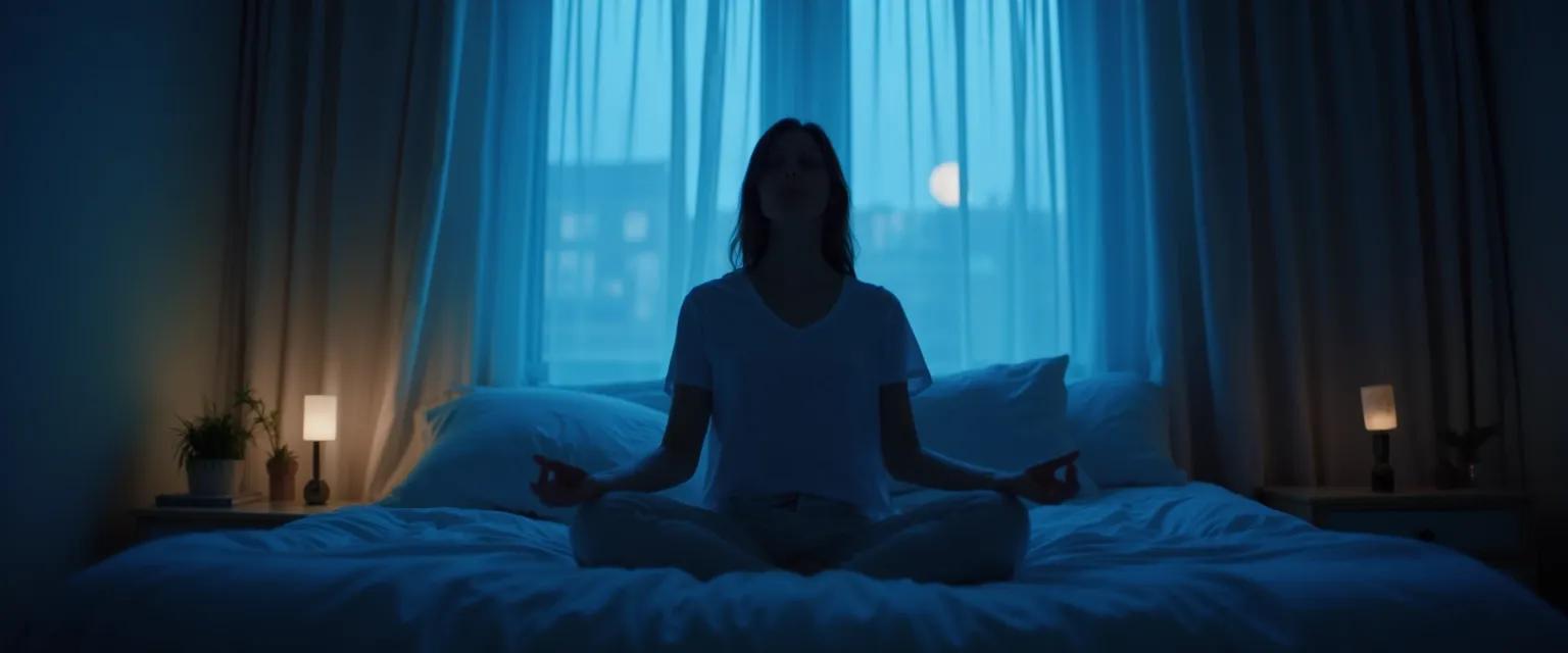 Person practicing 3-minute mindful meditation for sleep in bed with peaceful expression