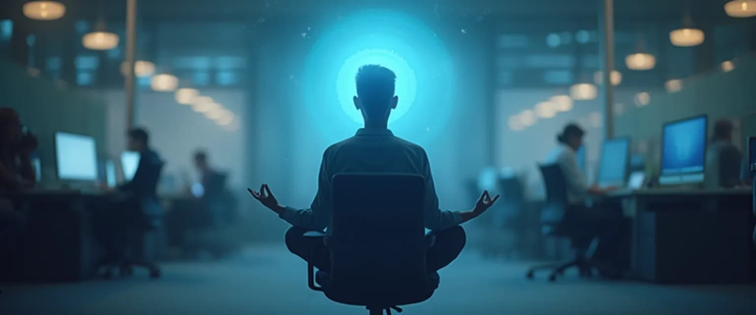 Professional using the 1 Giant Mind technique for stress reduction at their desk