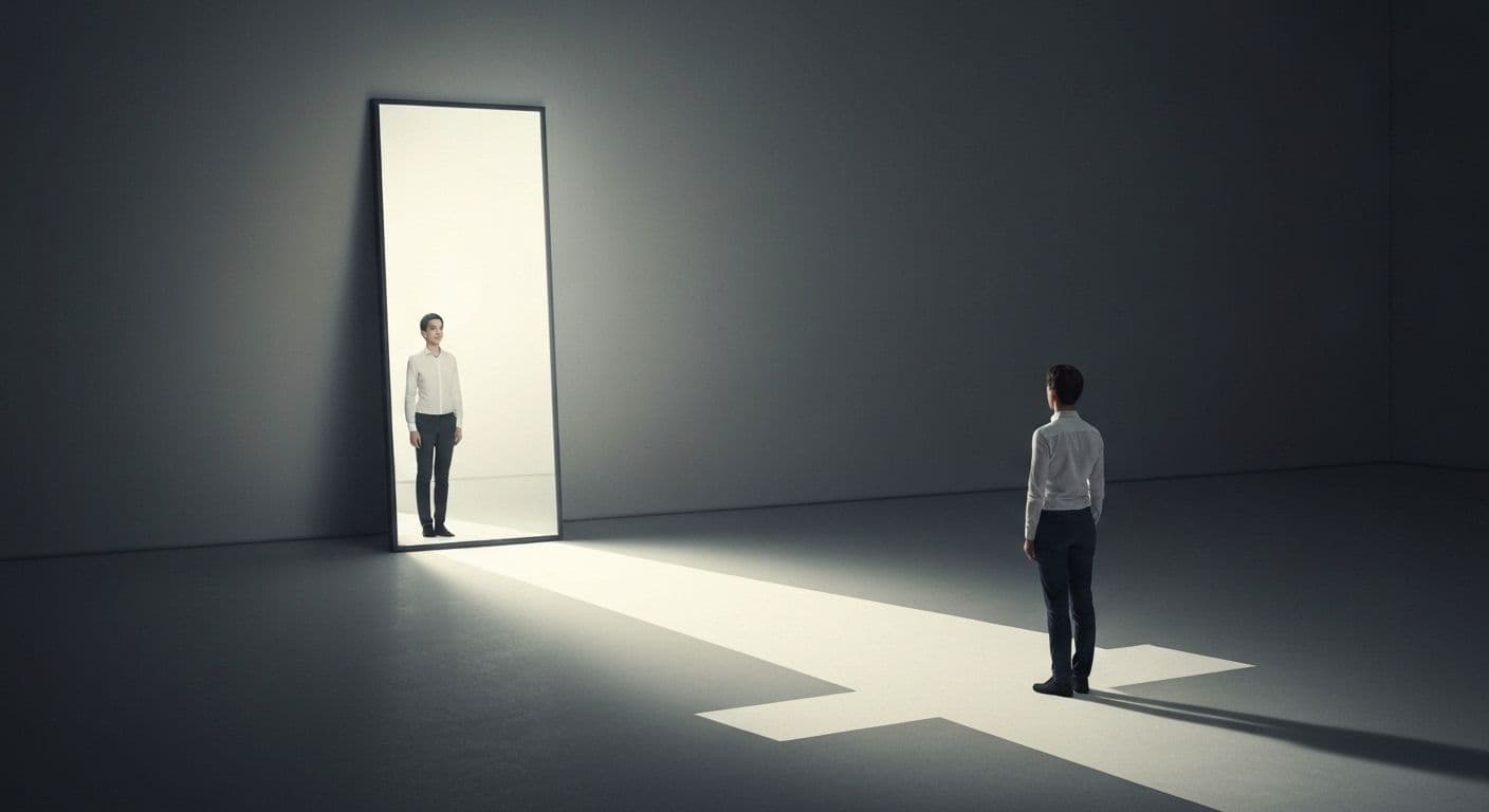 Person looking in mirror with thought bubbles showing the relationship between self awareness and self esteem through positive action