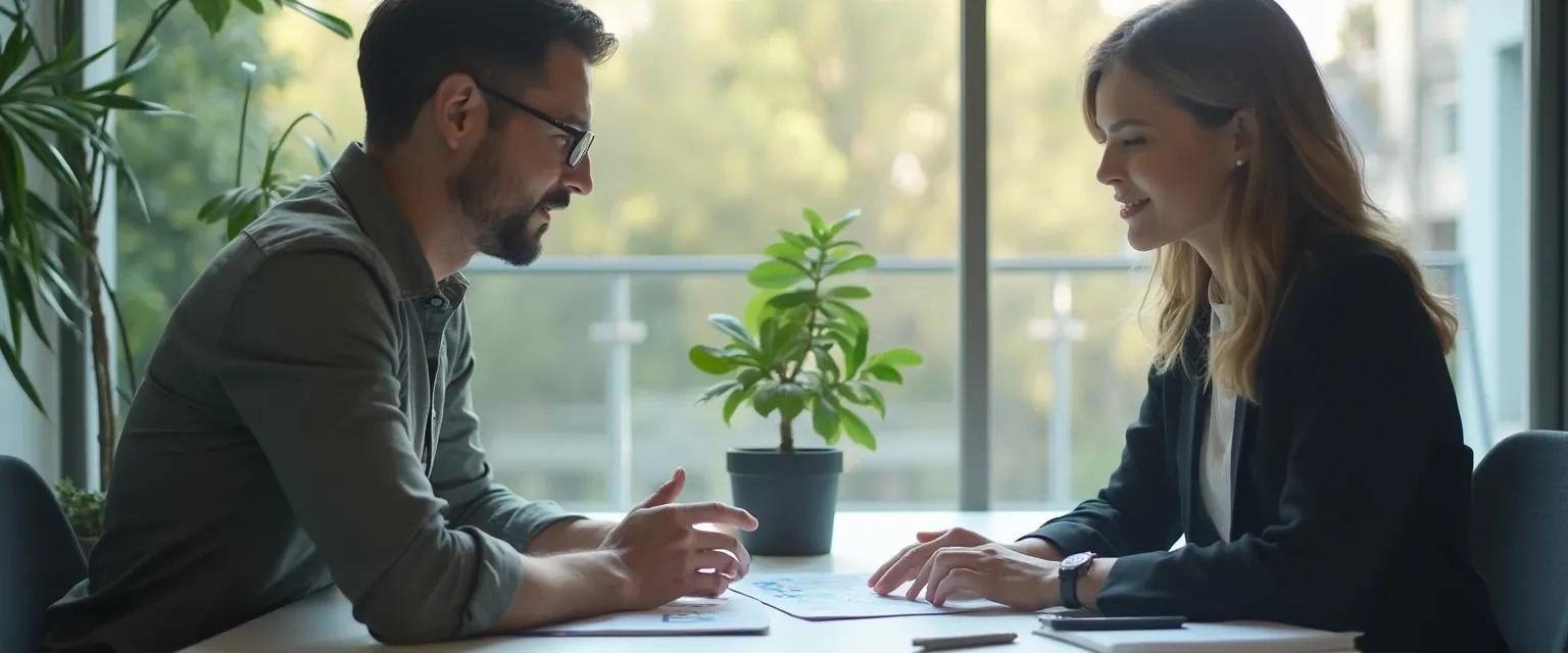 Two colleagues discussing feedback to improve self awareness at the workplace