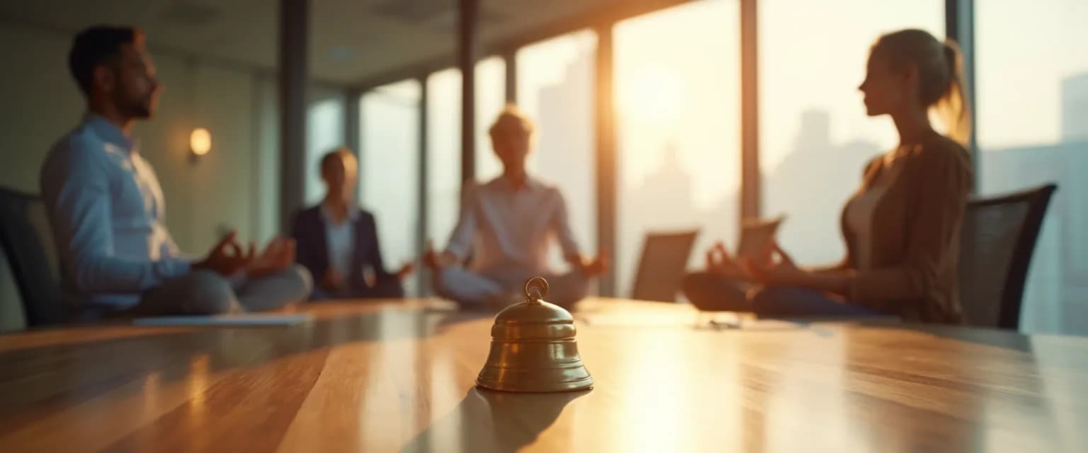 Team practicing Thich Nhat Hanh's mindfulness bell technique in corporate meeting room