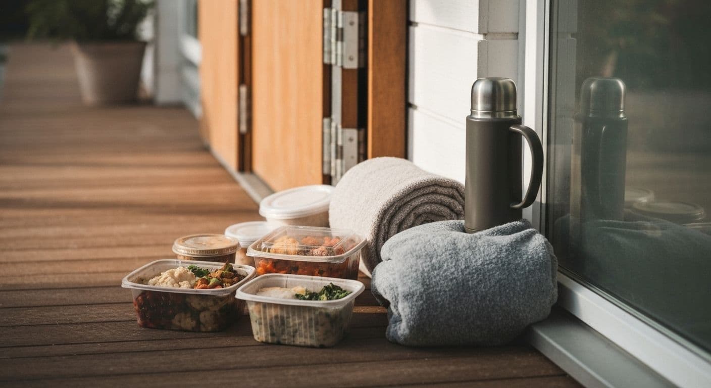 Practical gift for bereaved friend including meal delivery box and cleaning supplies showing tangible grief support