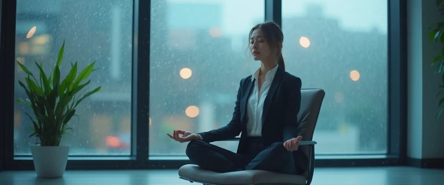 Professional practicing Sharon Salzberg's RAIN meditation technique at desk