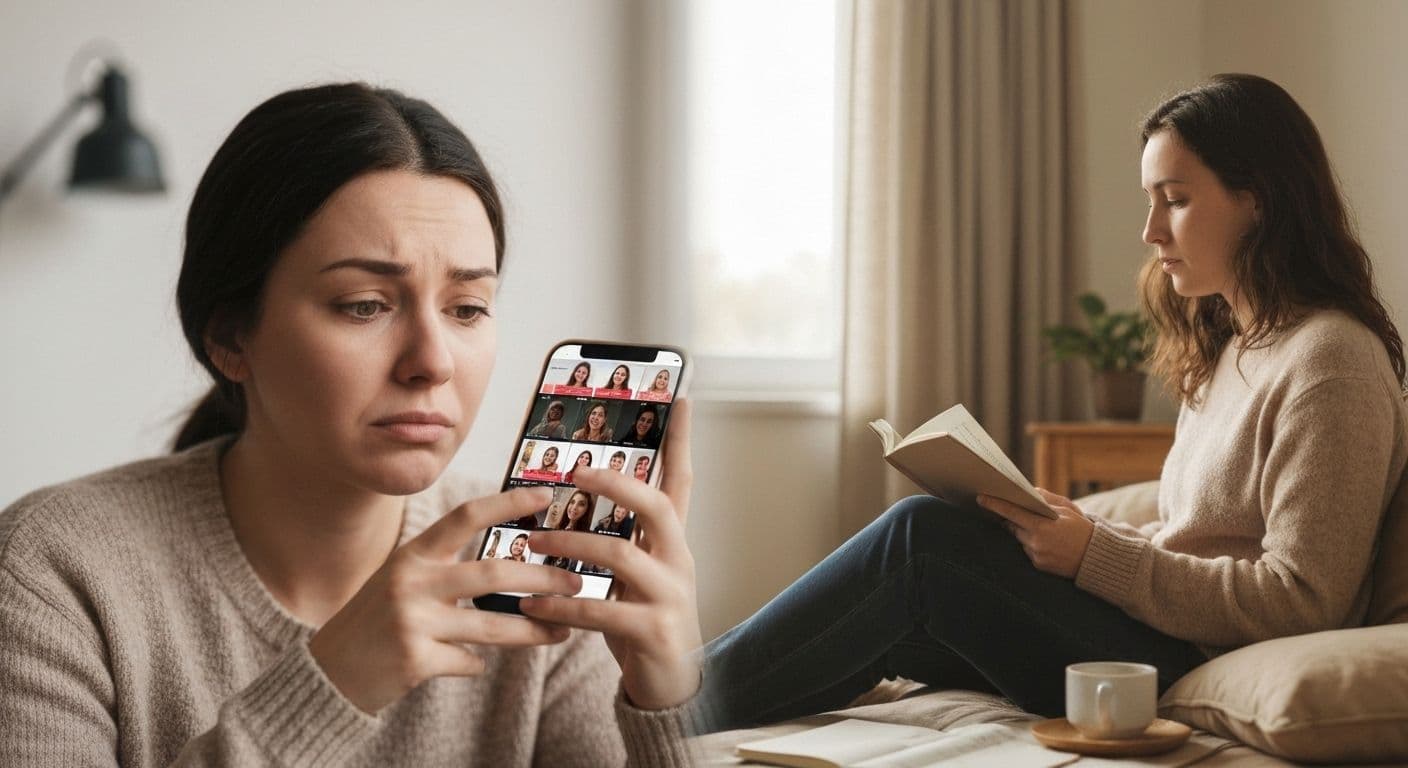 Person looking at phone showing breakup TikTok content while reflecting on their own healing journey