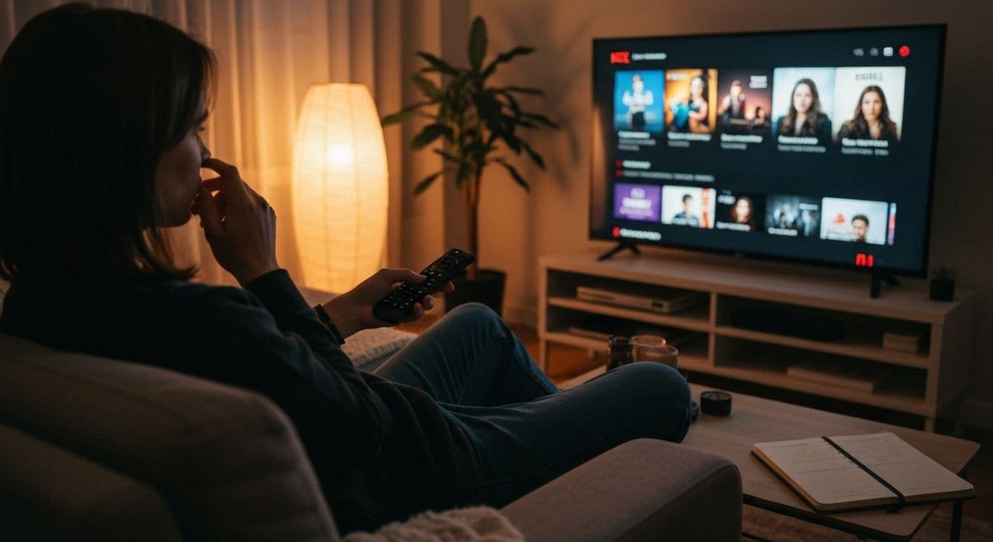 Person practicing Netflix mindfulness while setting healthy viewing boundaries on streaming device