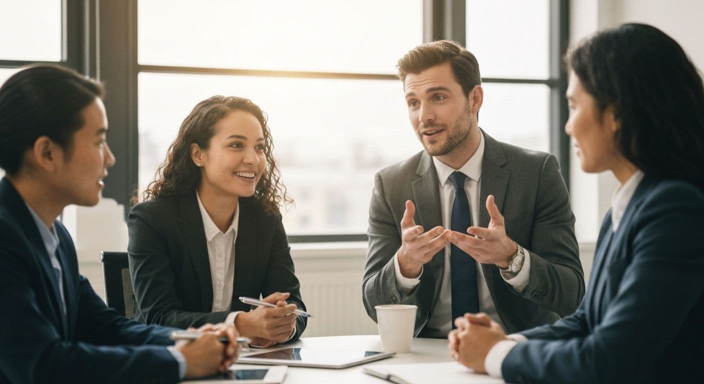 Leader demonstrating self and social awareness while engaging with team members in collaborative discussion