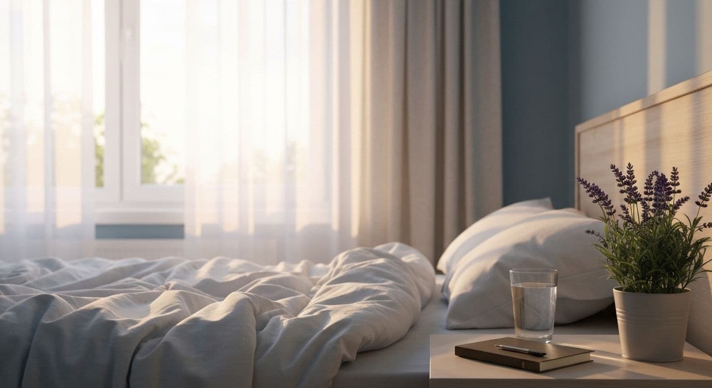 Person resting peacefully in bed while recovering from heartbreak with calming bedroom environment