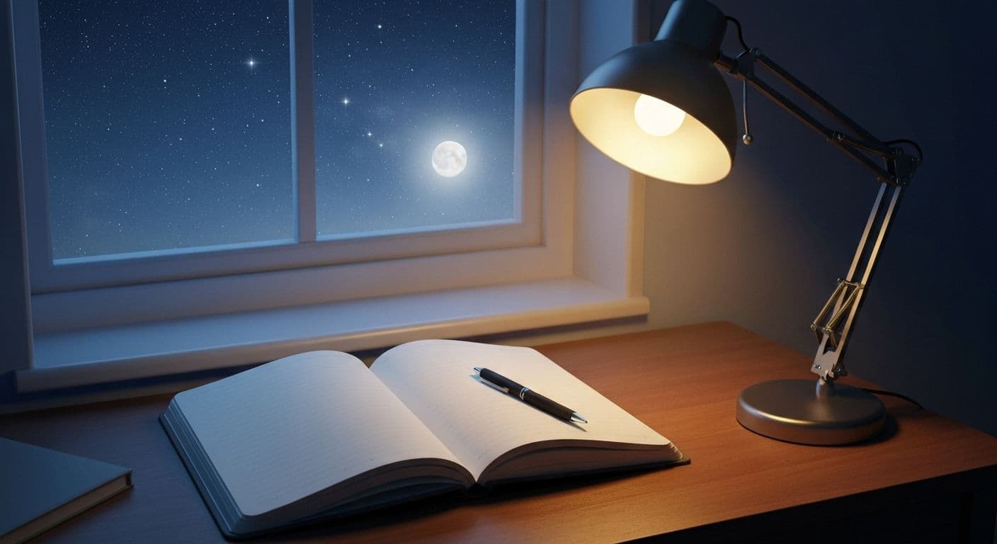 Person writing in Mindbrush journal during peaceful evening reflection session