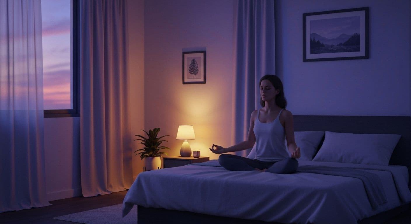 Person practicing mindfulness meditation in bed for better sleep quality