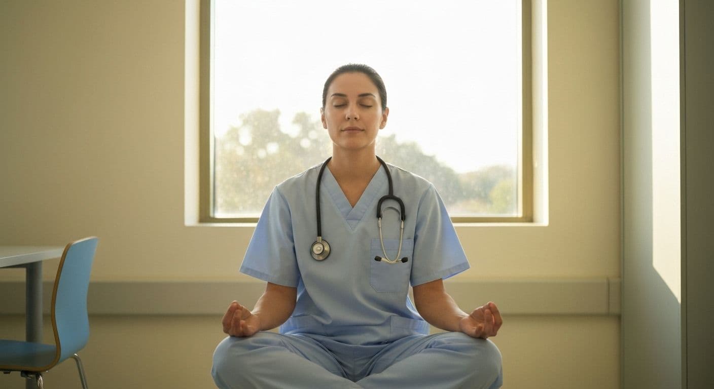 Healthcare professional practicing self awareness techniques during busy shift, demonstrating examples of self awareness in health and social care