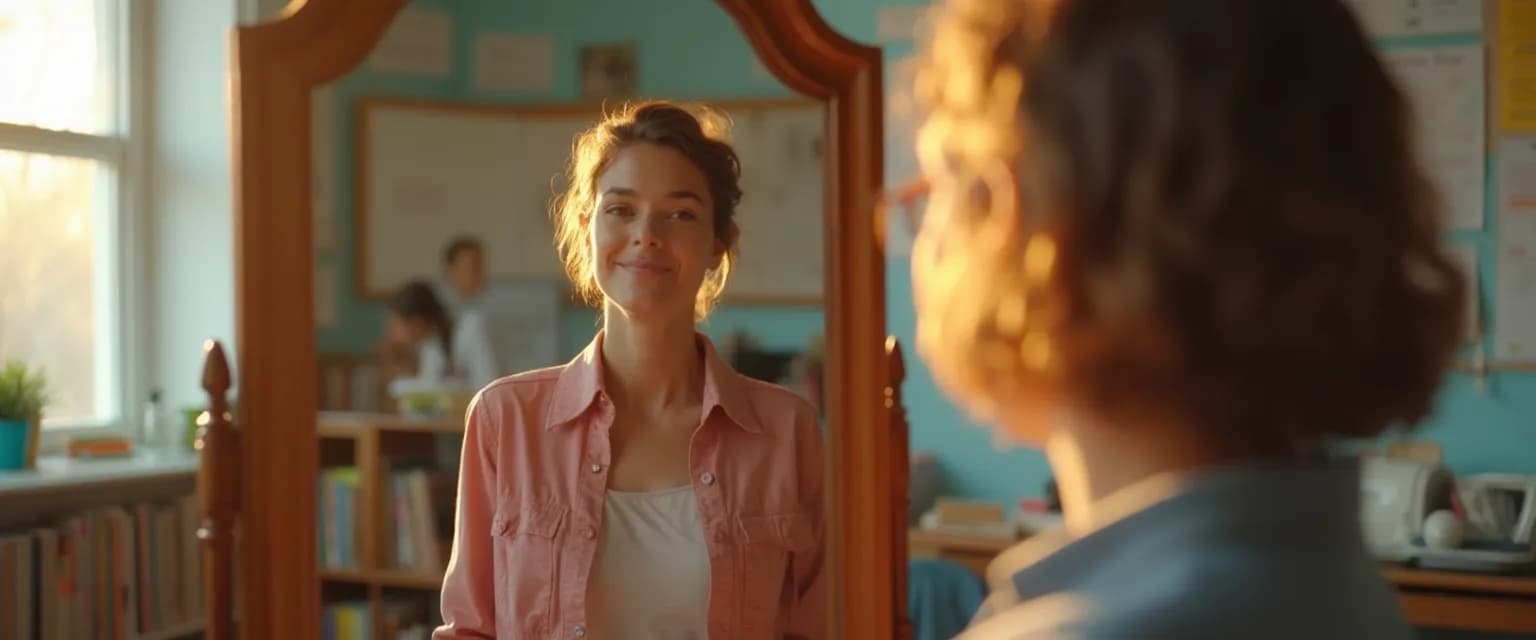 Teacher practicing self-awareness techniques in a classroom setting