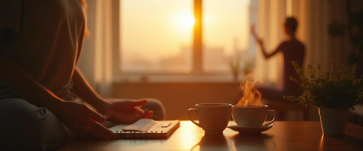 Person practicing morning rituals for a peaceful mind before work