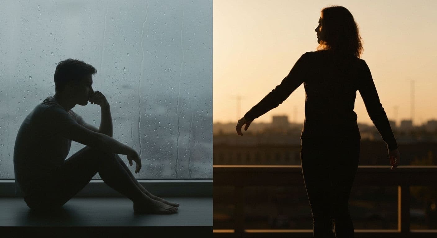 Person reflecting on emotional patterns after breakups with thoughtful expression