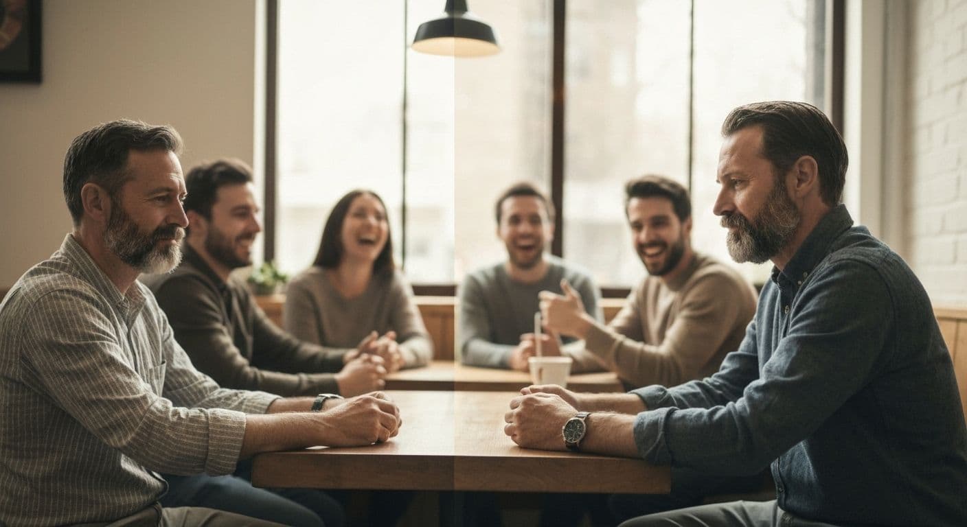 Person sitting alone contemplating toxic breakup recovery while friends gather in background