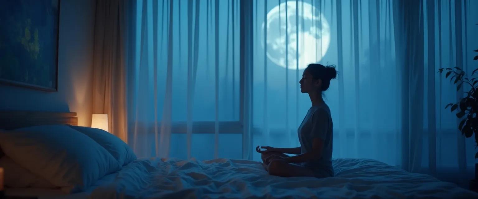 Person practicing mindfulness meditation for sleep and anxiety in bed with peaceful expression