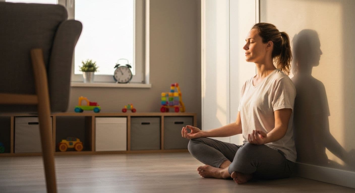 Busy parent practicing guided meditation self awareness in a quiet moment at home