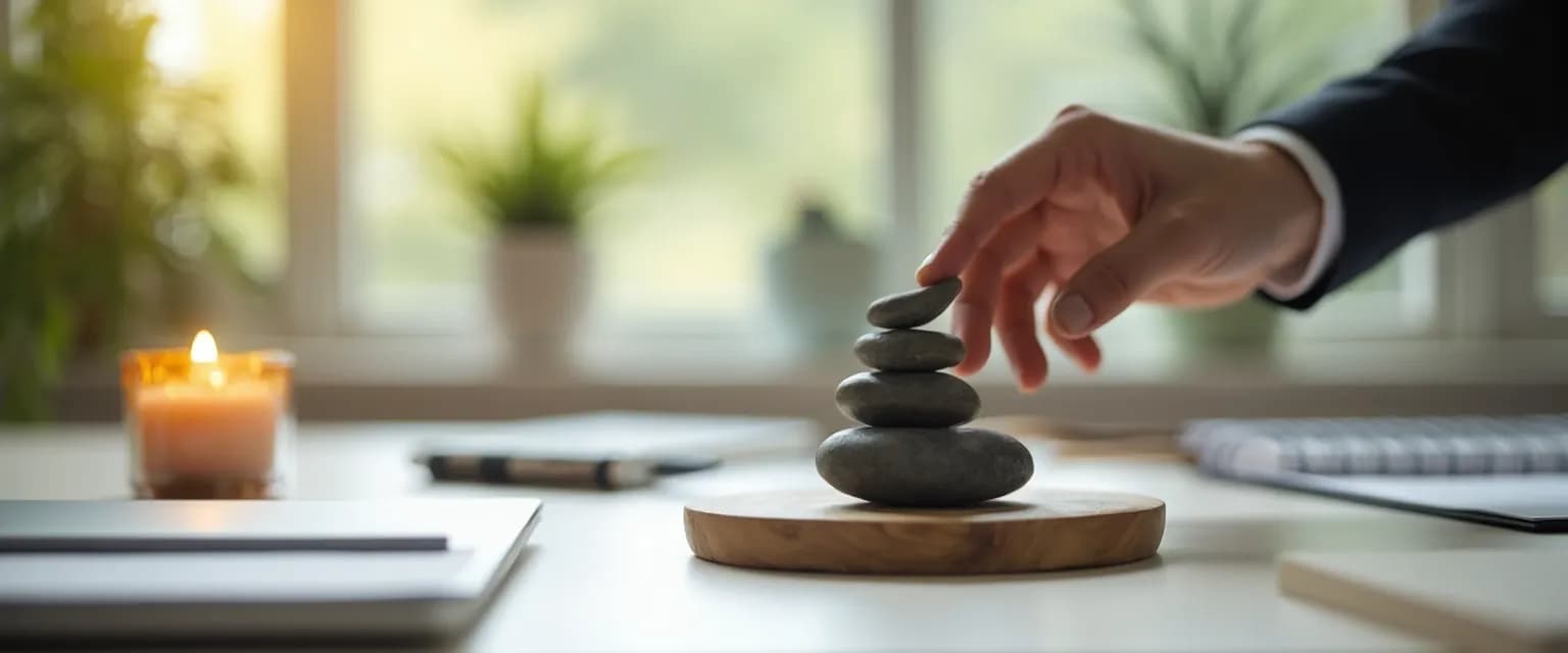 Professional practicing Buddhist mindfulness meditation at desk in office setting