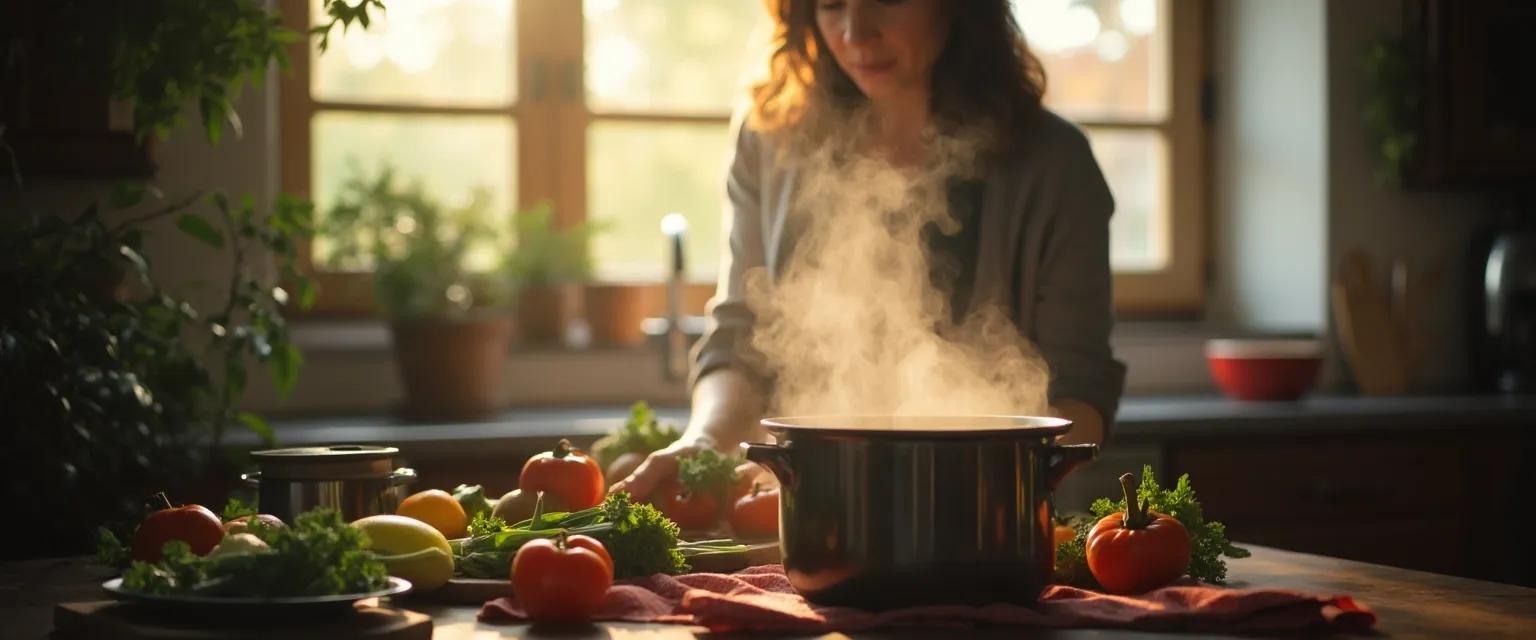 Person practicing mindfulness while cooking vegetables in a sunlit kitchen