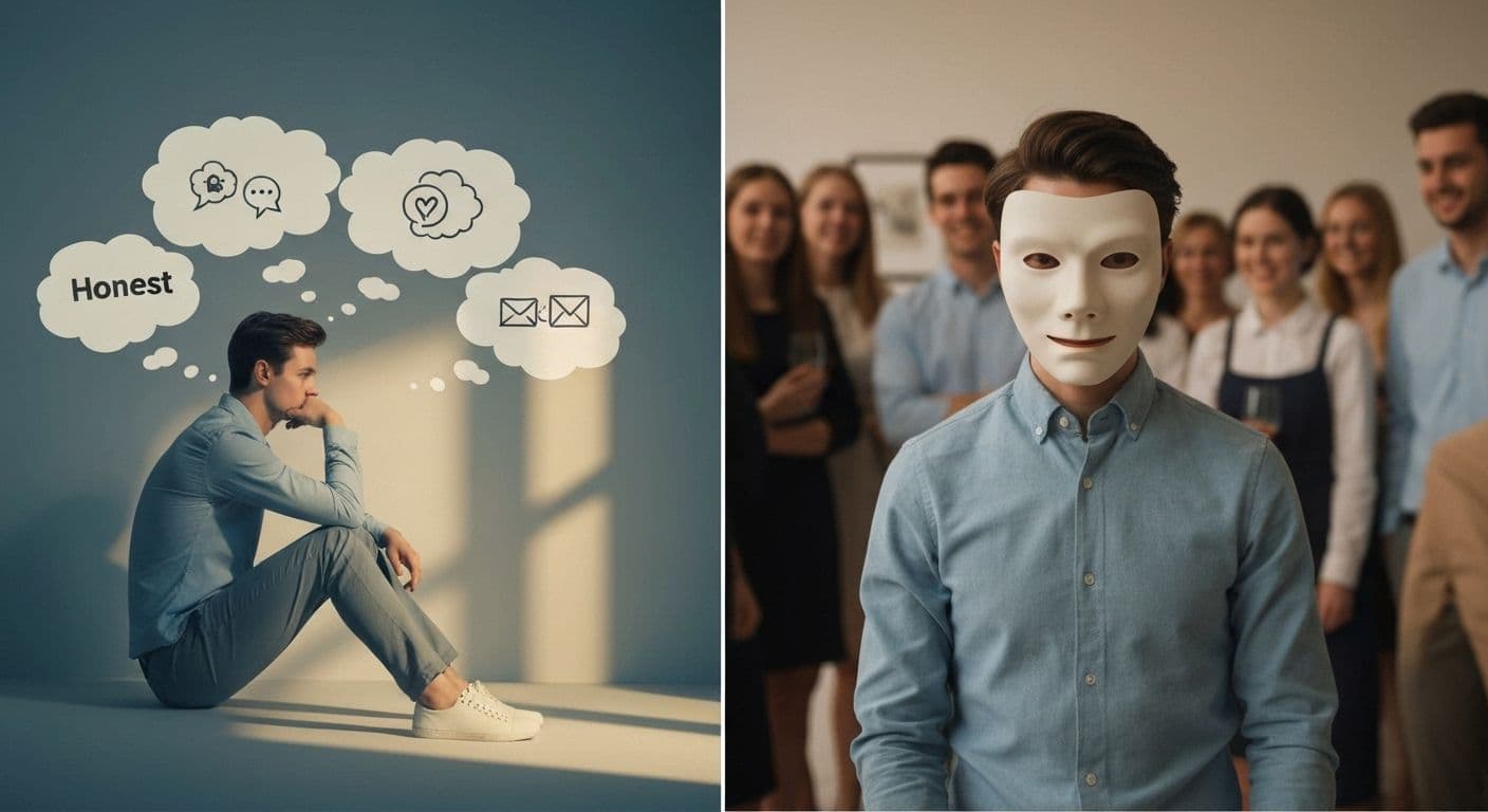 Person reflecting on private and public self awareness while looking in mirror, representing the journey toward authentic alignment