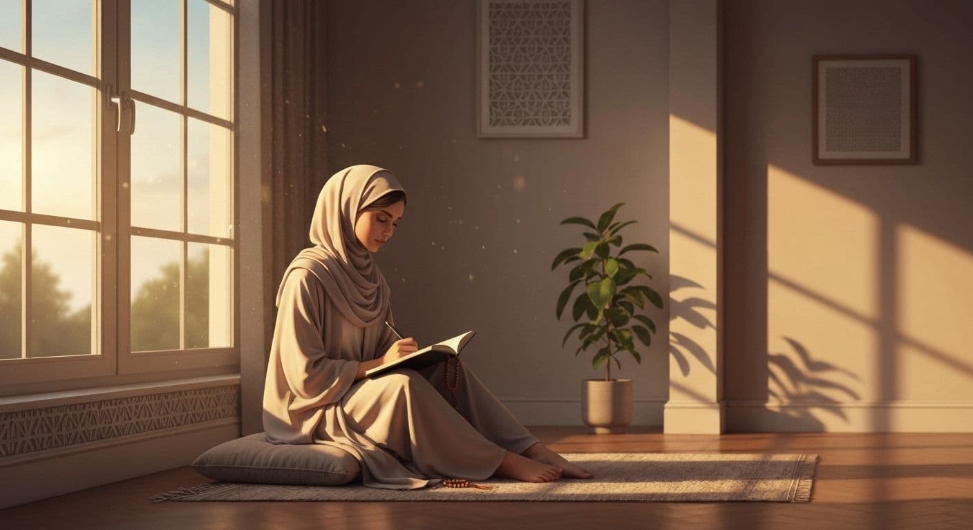 Muslim person practicing daily muhasabah for self awareness in Islam through peaceful reflection