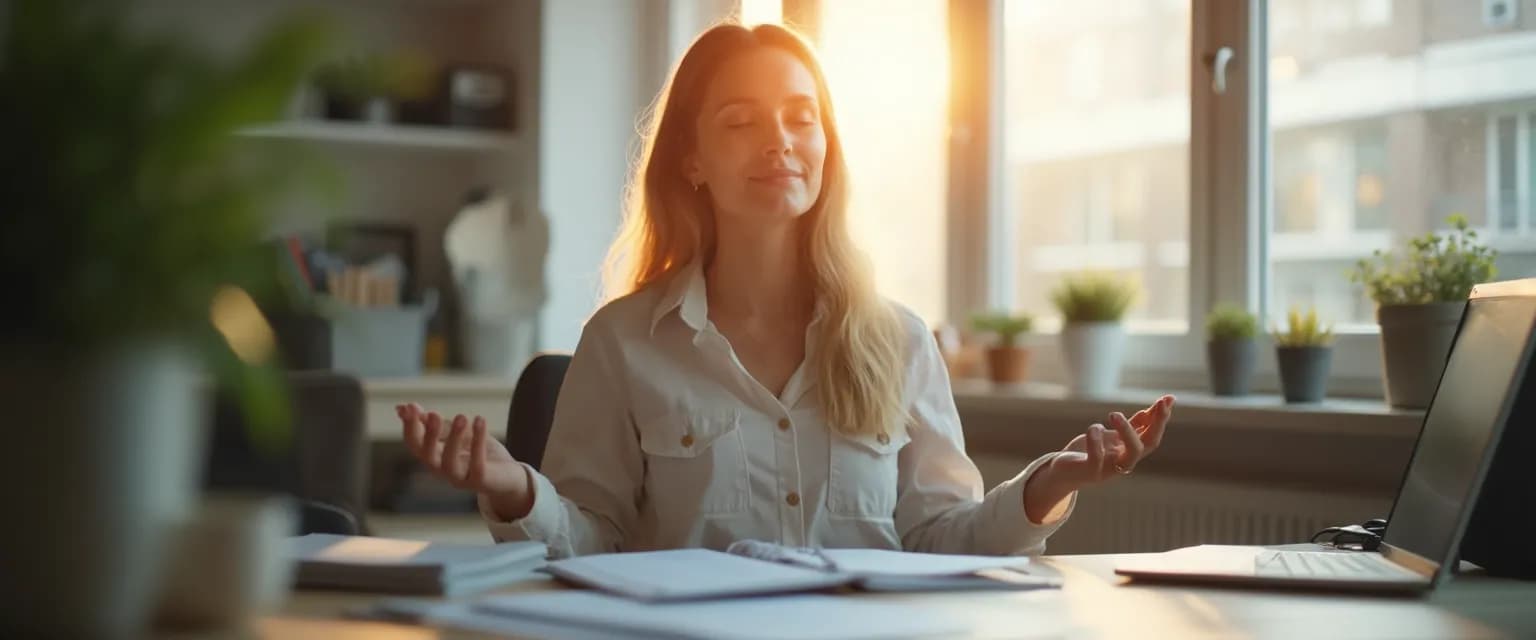 Person practicing 5-minute mindfulness stress reduction technique at office desk