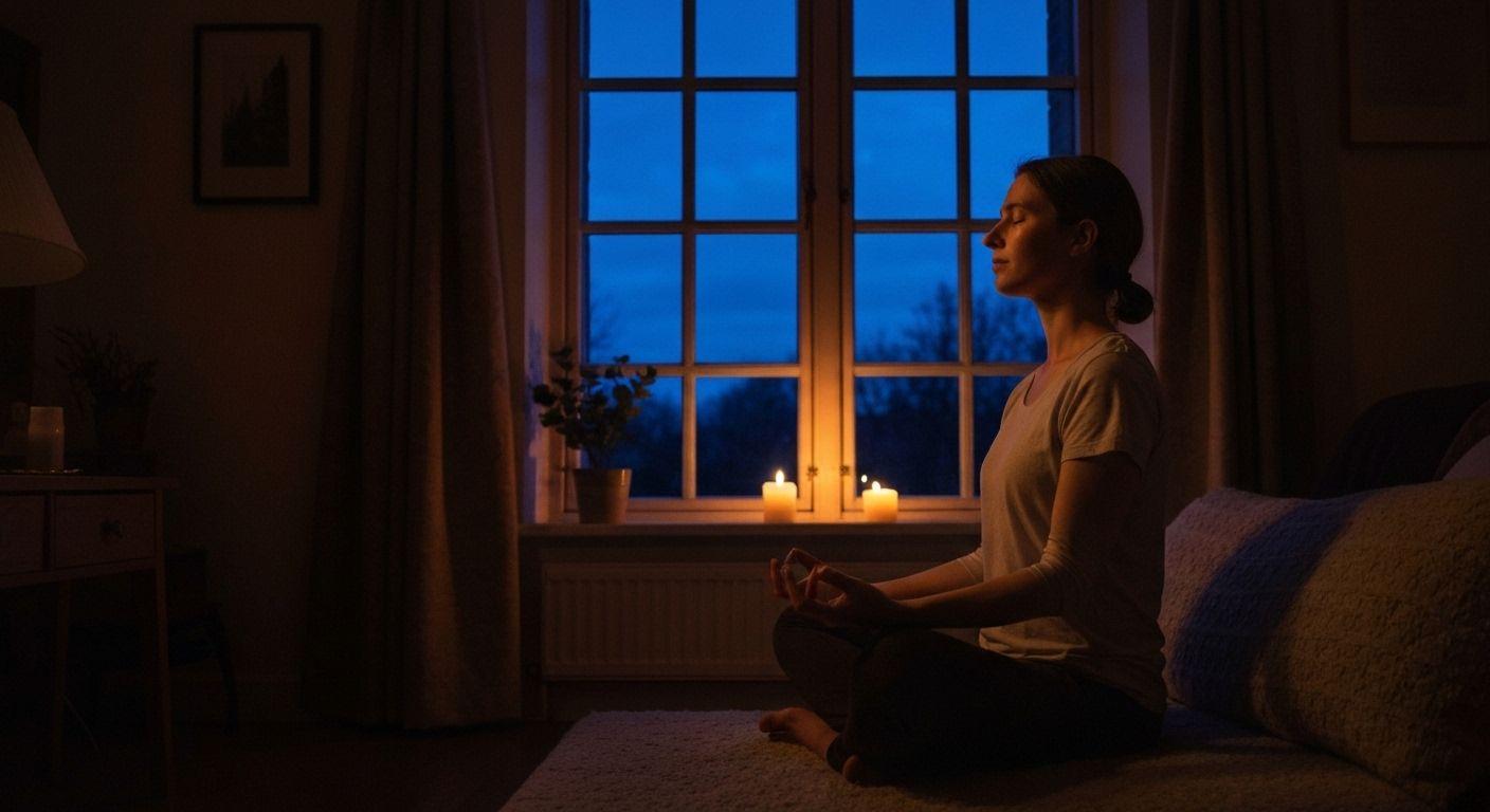 Person practicing evening techniques to relax my mind before sleep in calm bedroom setting