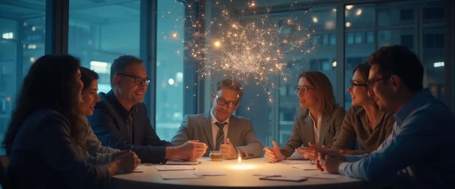 Team collaborating using 1 giant mind approach for collective intelligence decision-making