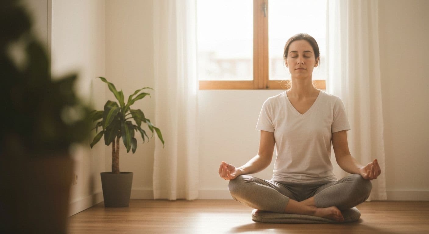 Person sitting comfortably practicing mindfulness for beginners in a simple home setting