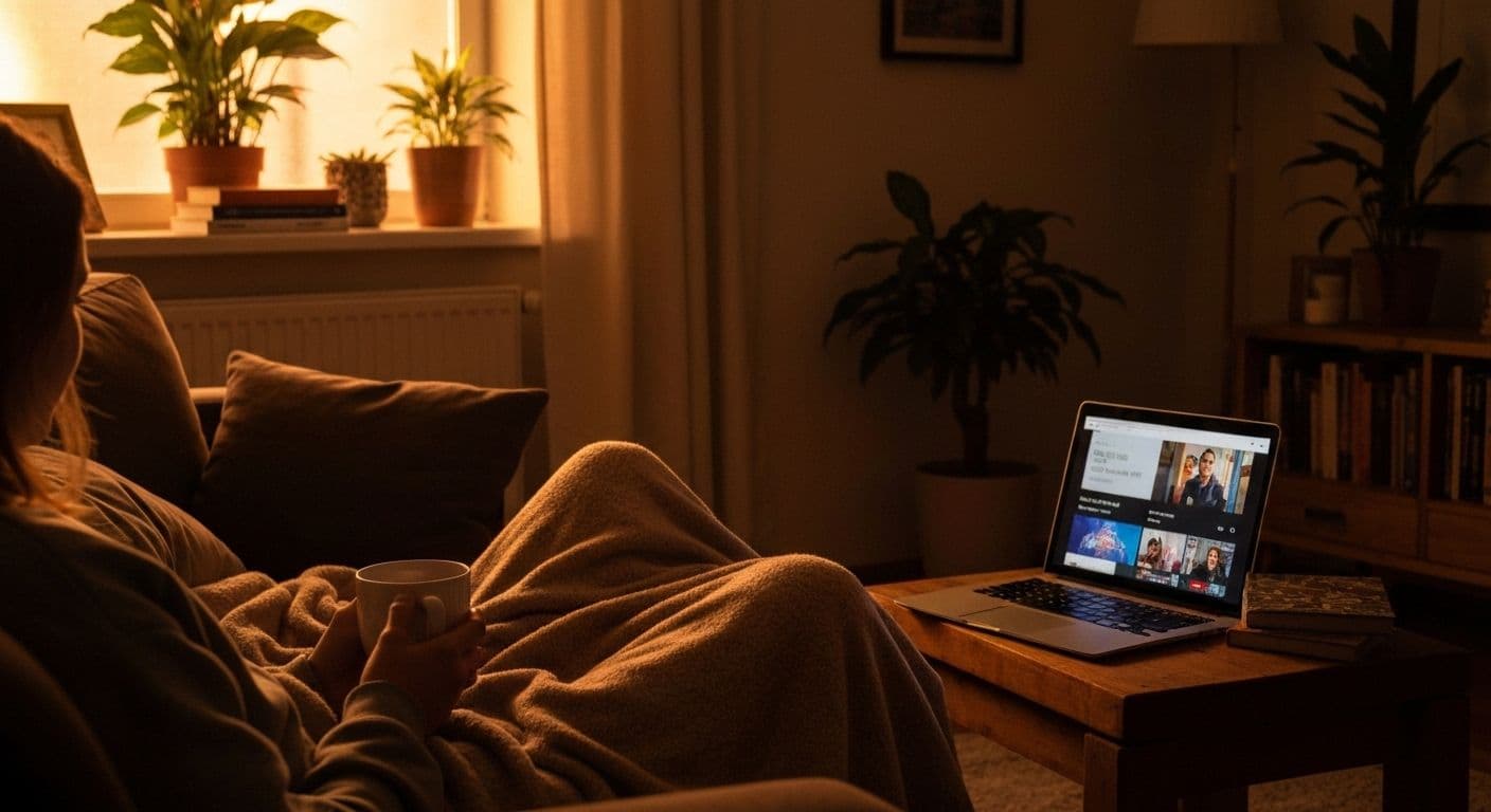 Person practicing mindfulness netflix by setting intentions before streaming on couch with relaxed, purposeful posture