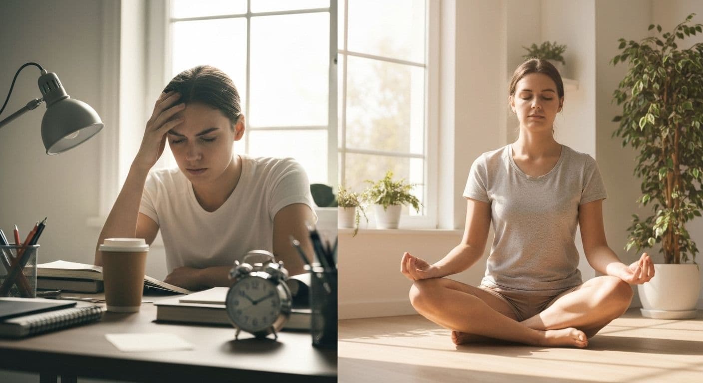 Person practicing mindful Monday meditation with calm morning coffee and journal