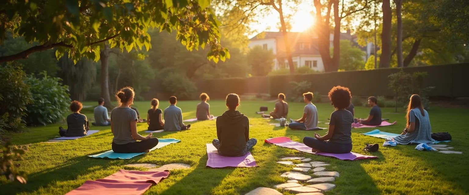Neighbors practicing mindfulness near me in a community garden setting