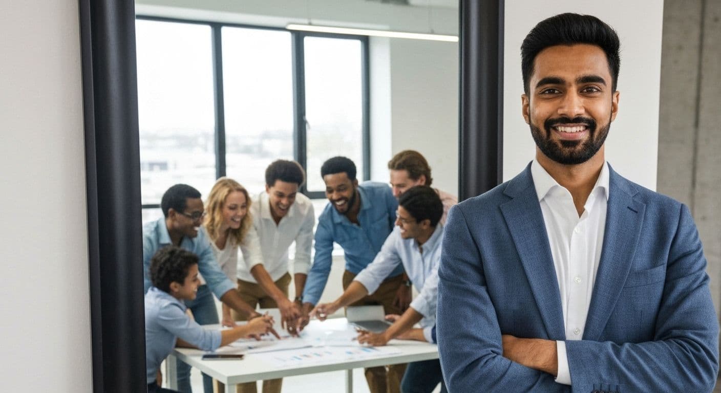 Self awareness case study illustration showing leader reflecting on emotions while team collaborates successfully in background