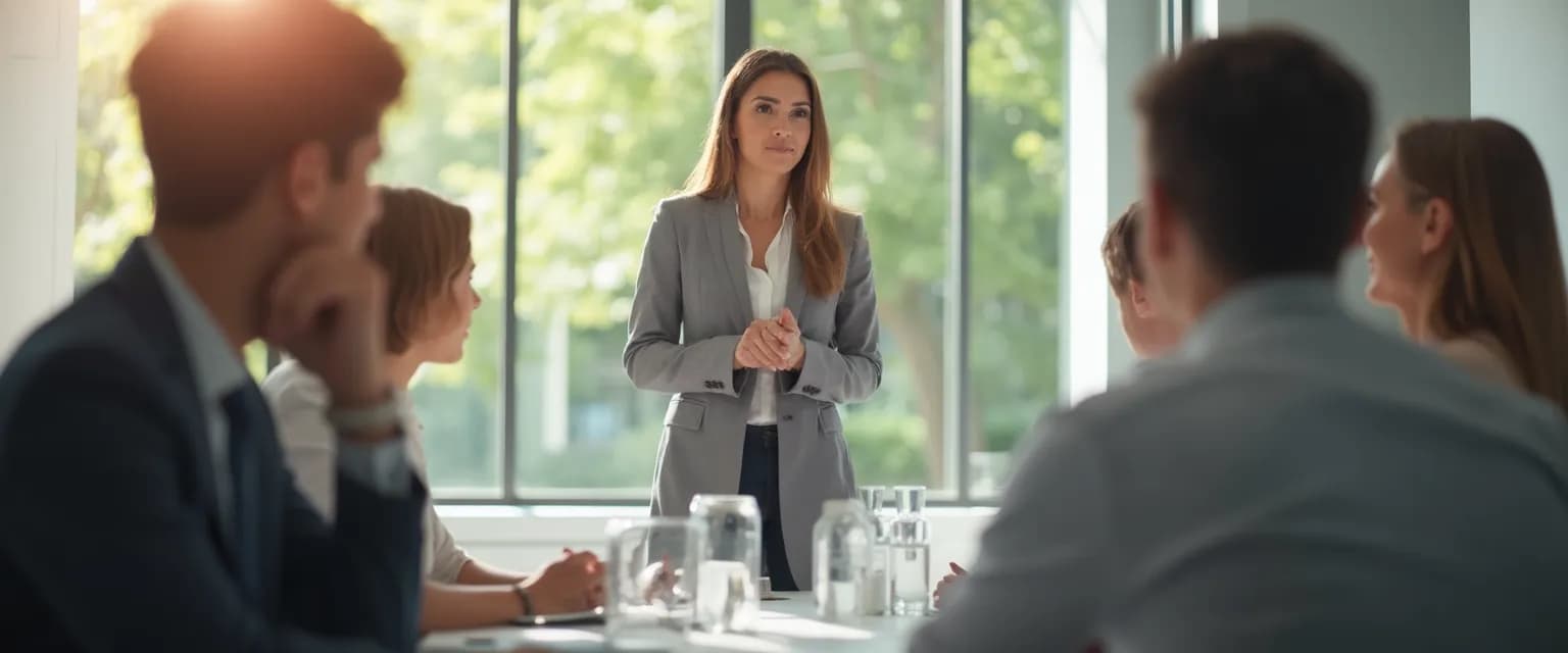 Professional demonstrating authentic confidence in leadership roles during a meeting