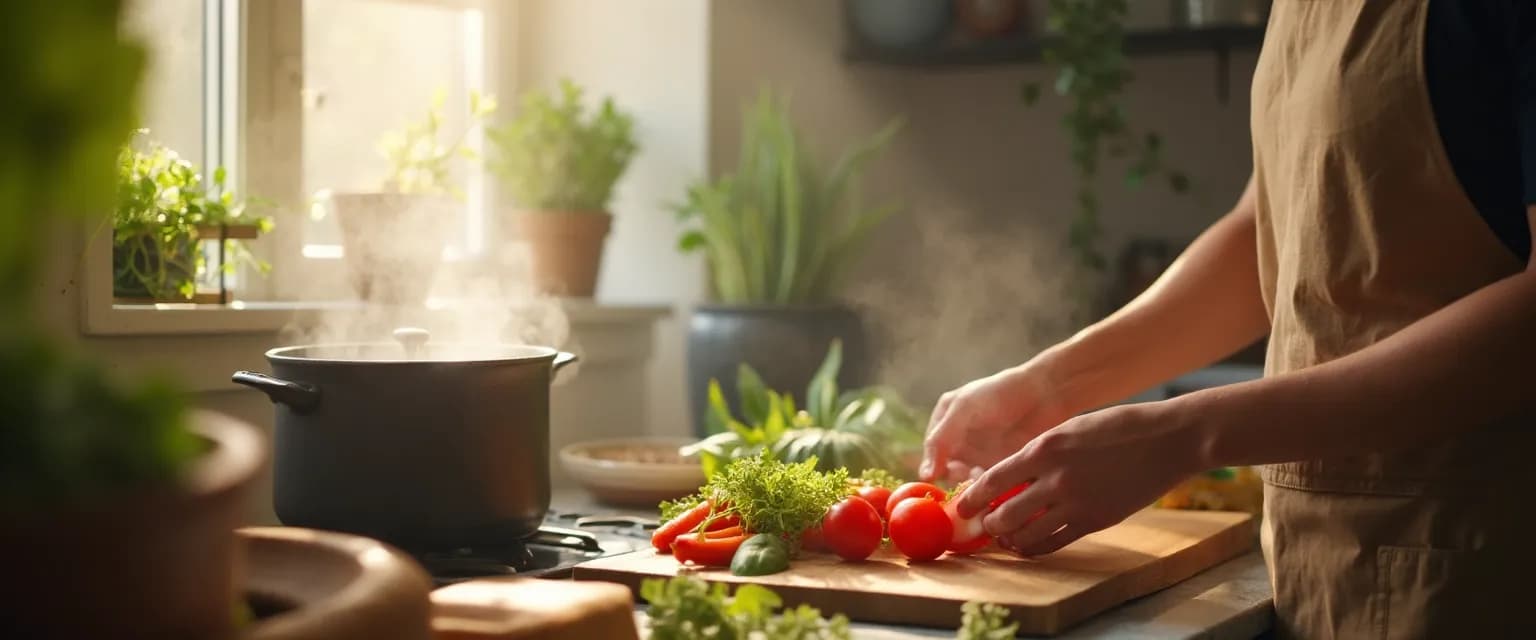 Person practicing mindfulness while cooking in a peaceful kitchen setting