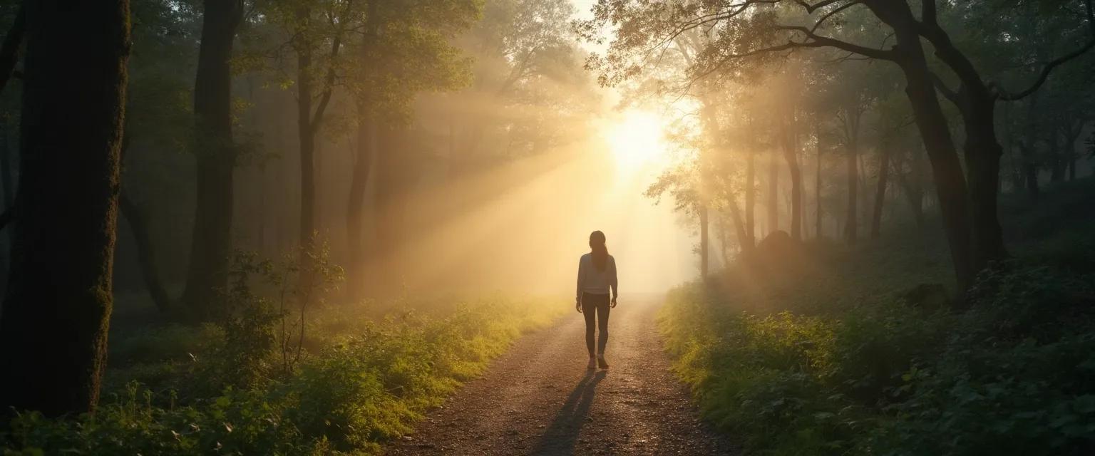 Person enjoying silent walking outdoors to calm their mind and find mental clarity