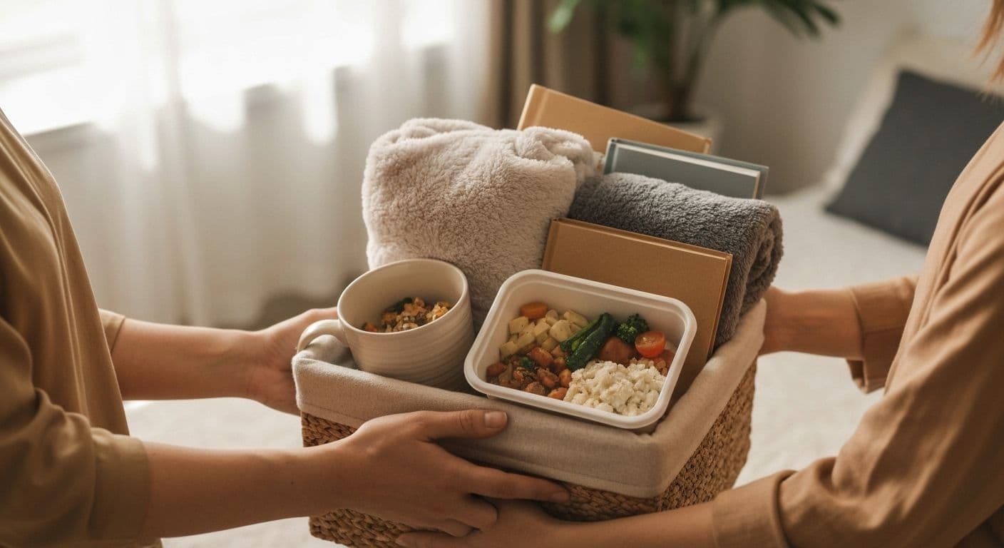 Thoughtful gift for grieving friend showing comfort items and meal delivery in supportive setting