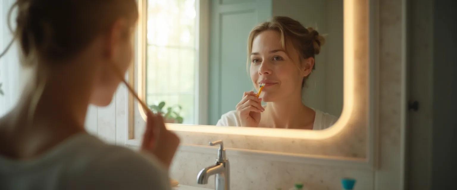 Person practicing introspection self-awareness ritual while brushing teeth in front of mirror