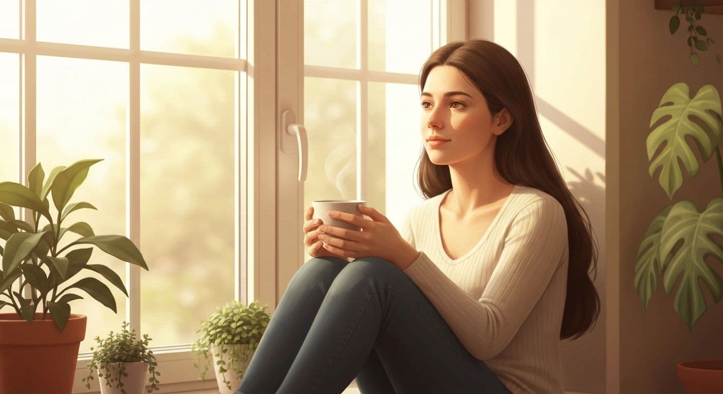 Person feeling peaceful and relieved, not sad after break up, looking forward with confidence