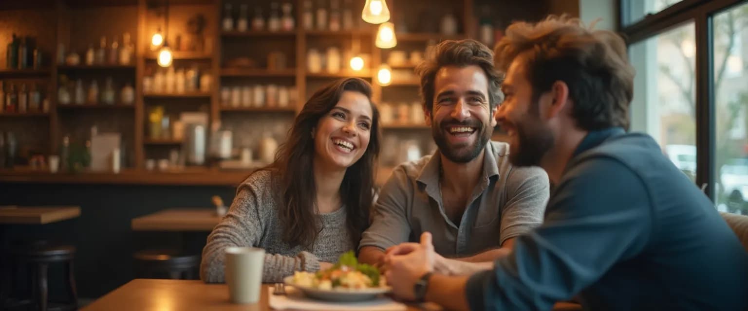 Couple enjoying meaningful conversation during lunch date, exploring love dates and heartbreaks in daylight