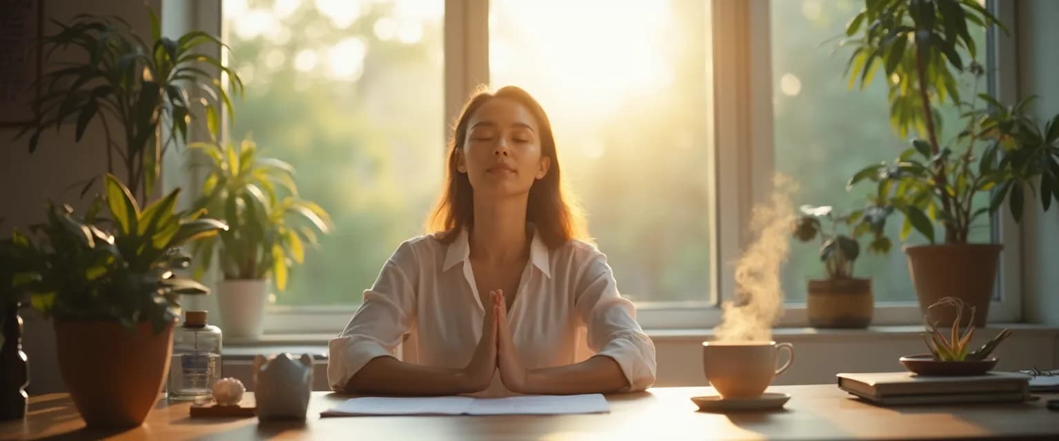 Professional practicing creative mindfulness exercises from the Institute for Creative Mindfulness at their desk