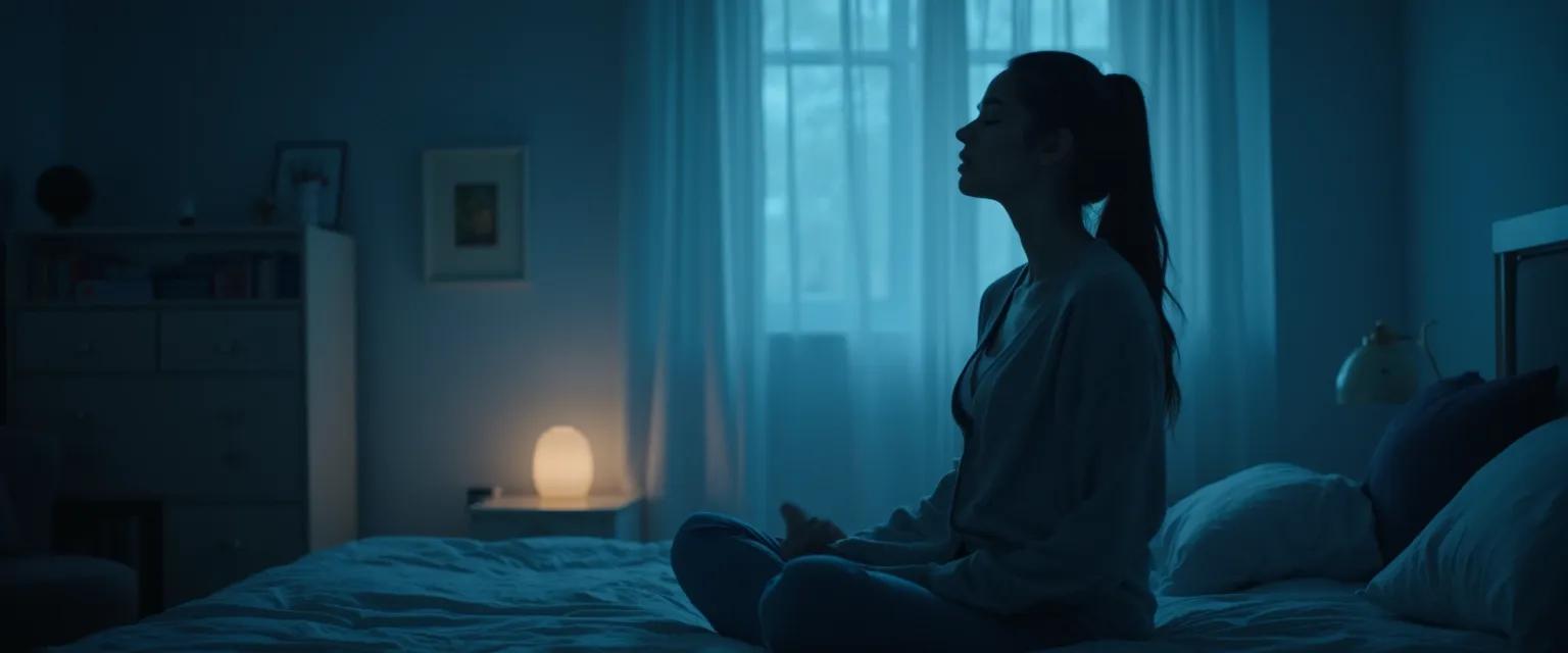 Person practicing mindful breathing techniques in bed to overcome insomnia