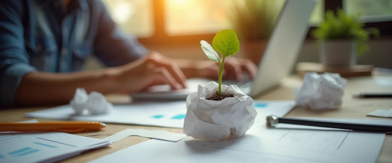 Person overcoming procrastination in content creation with organized workspace and planning tools