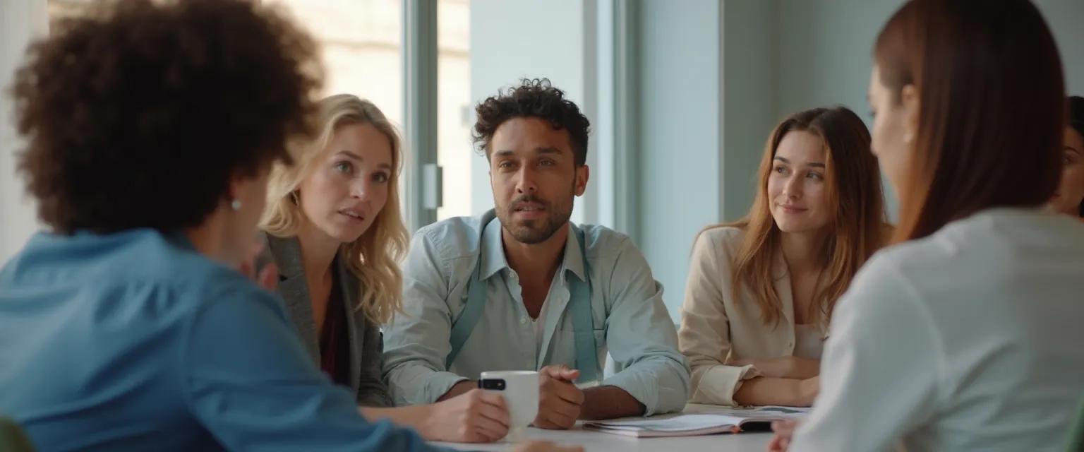 Professional developing interpersonal self-awareness skills during a workplace meeting