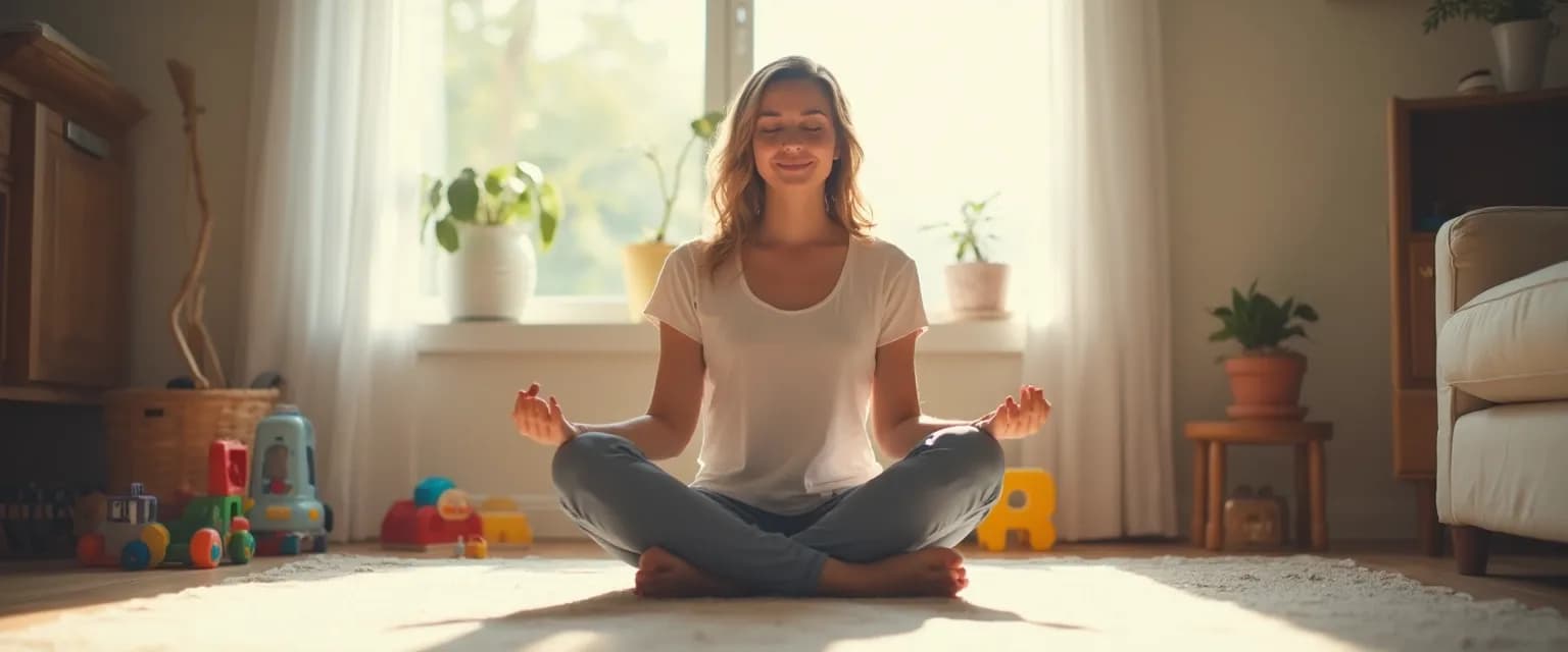 Parent practicing 5-minute meditation to calm the mind while children play nearby