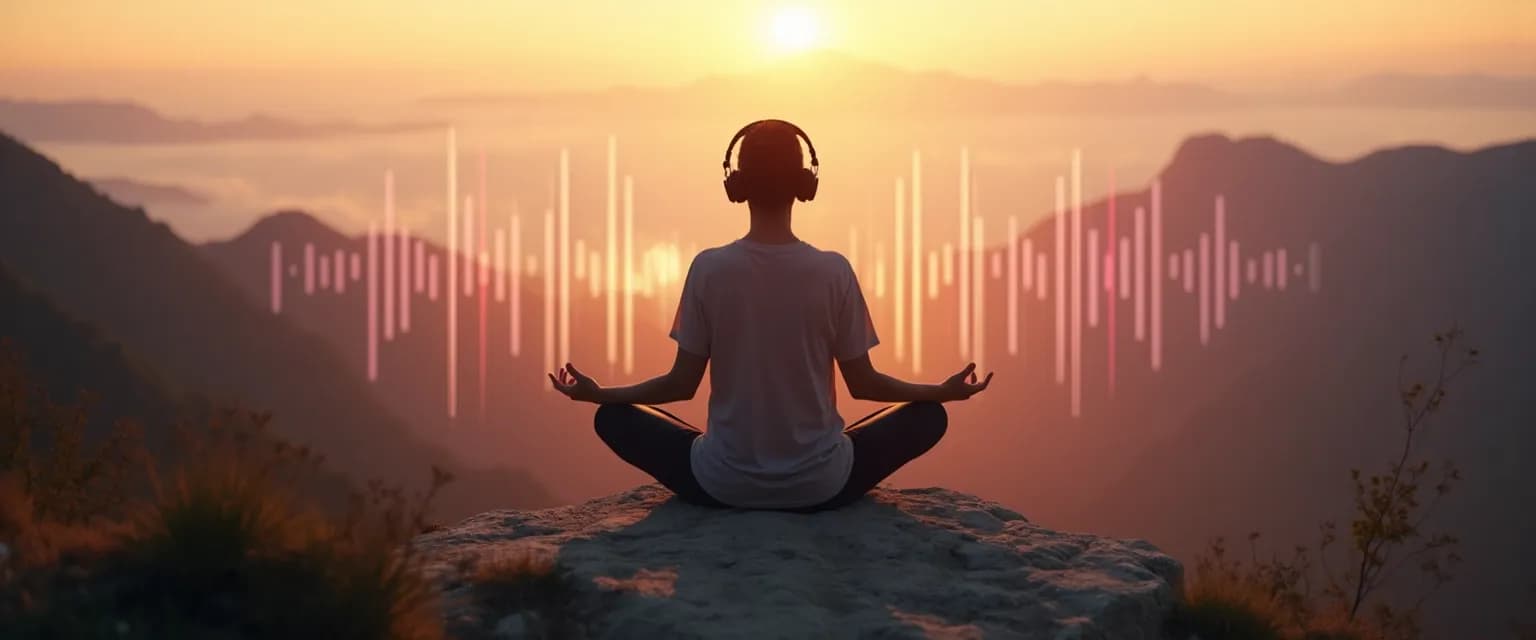 Person practicing sound mind and body exercise with headphones during yoga pose
