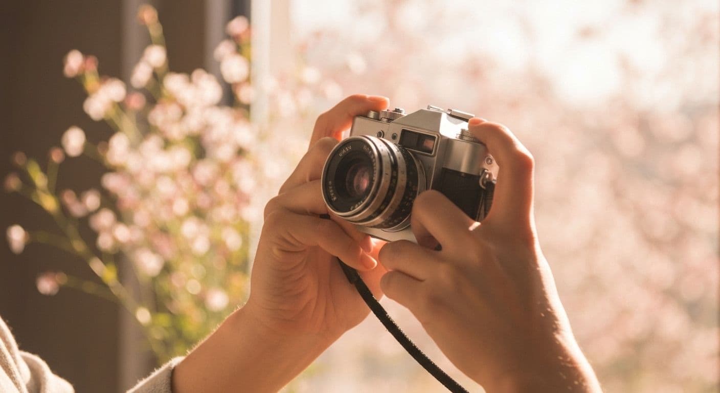 Person practicing mindful photography outdoors, capturing natural light through camera lens for grief recovery and emotional healing