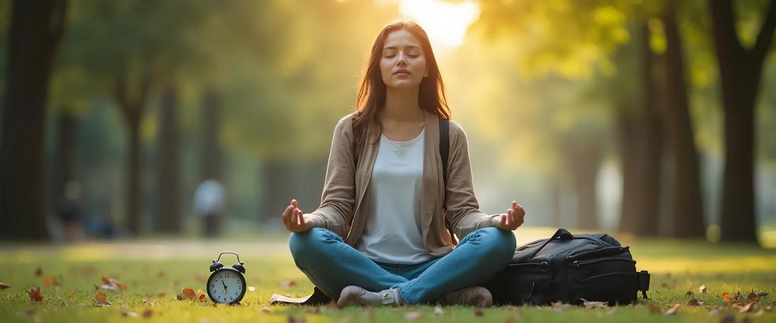 Teacher practicing mindfulness exercises between classes for stress reduction