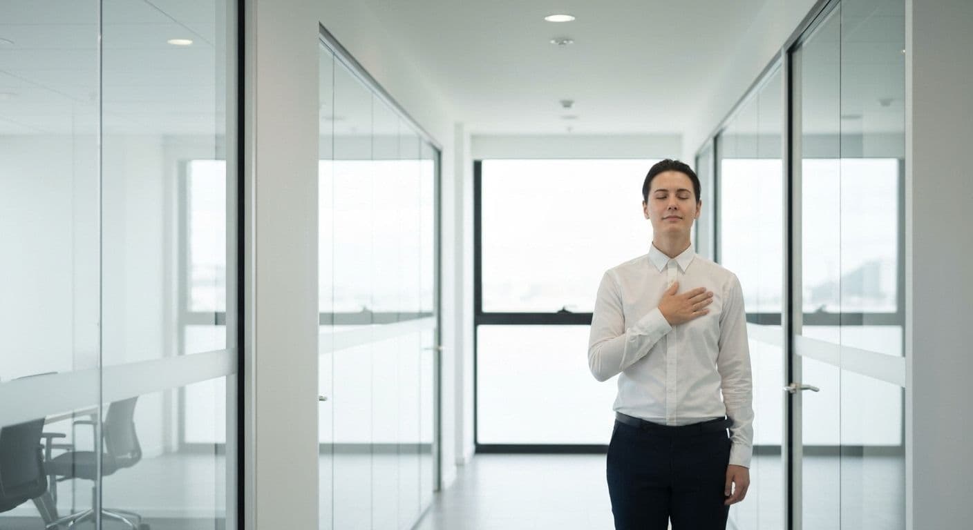 Busy professional practicing mind full to mindful transition at desk between meetings